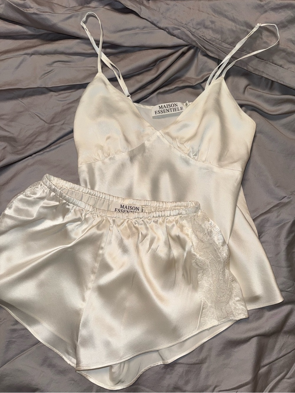 NWOT Maison Essentiele Silk Lace Cami Shorts Set XS Ivory luxury Sleepwear
